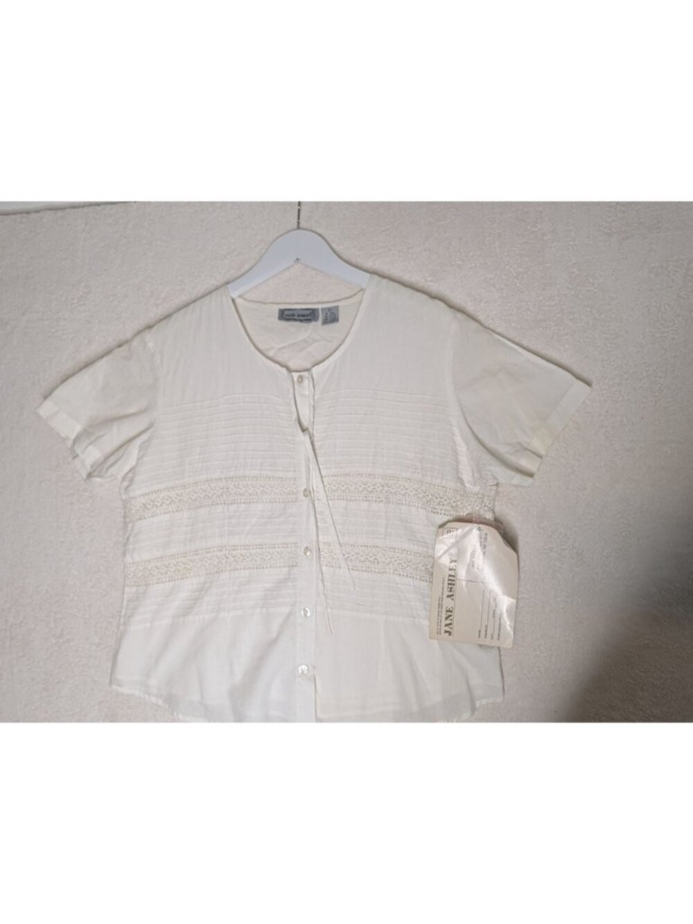 Jane Ashley White Cotton Short-Sleeve Button-Down Top With Lace Detailing Size L - Picture 5 of 9
